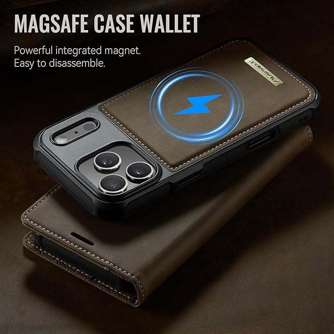 PlusnapX Wallet Case for iPhone 17 Pro Max Compatible with Magsafe, 2-in-1 PU Leather Flip RFID Blocking Card Holder Stand Shockproof Magnetic Detachable Cover for iPhone 17 Pro Max Case 6.9", Brown