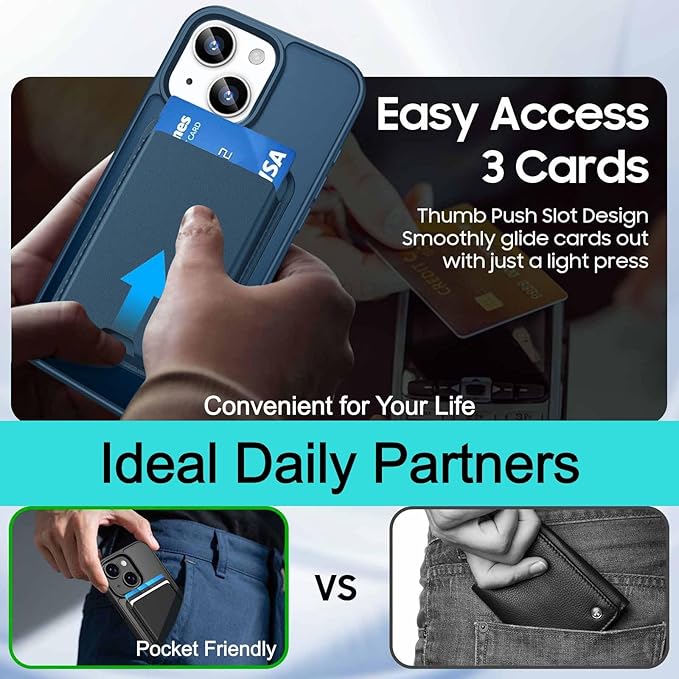 Ntwinro Magnetic for iPhone 13 & iPhone 14 Case (Compatible with MagSafe) with Detachable Wallet & Card Holder for 3 Cards [RFID Blocking] Military Grade Protective Slim Phone Cover, Deep Blue