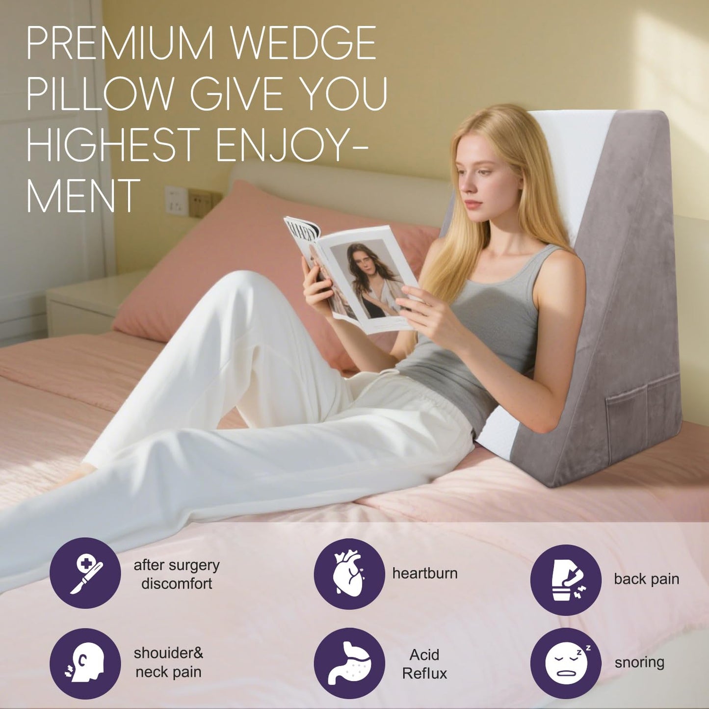 CHxxy Memory Foam Bed Wedge Pillow (10"x24"x24") - Acid Reflux & Back Pain Relief, Anti-Snoring Incline Design, Removable Washable Cover for Sleep & Post-Surgery Support