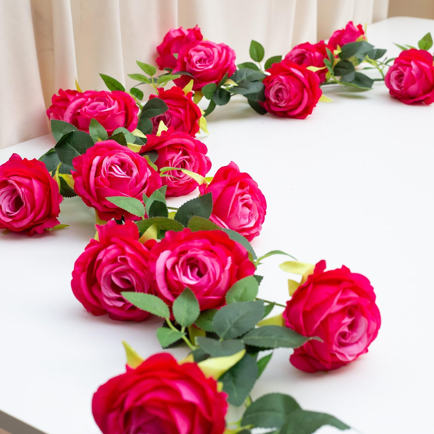 zhixinyue Bendable Artificial Flower Garland Faux Rose Vine Hanging Floral Garland for Wall Decor Trellis Fence Home Room Garden Wedding Decoration(Fuchsia, 2pcs)