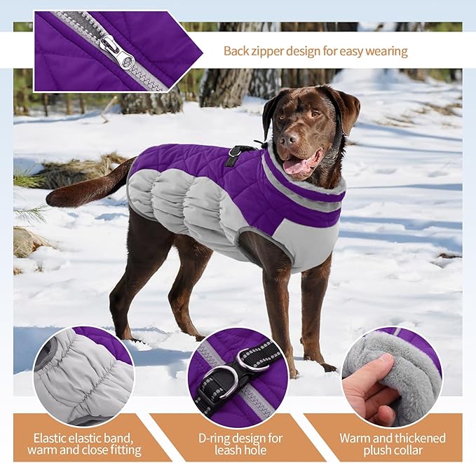 OUOBOB Dog Coats for Large Dogs,XL Dog Coat,Warm Fleece Winter Coat with D-Ring,Back Zipper Pet Jacket for Large Dogs,Waterproof Pet Snow Jacket Clothes Snowsuit Beagle Corgi Border Collie,Purple,XL