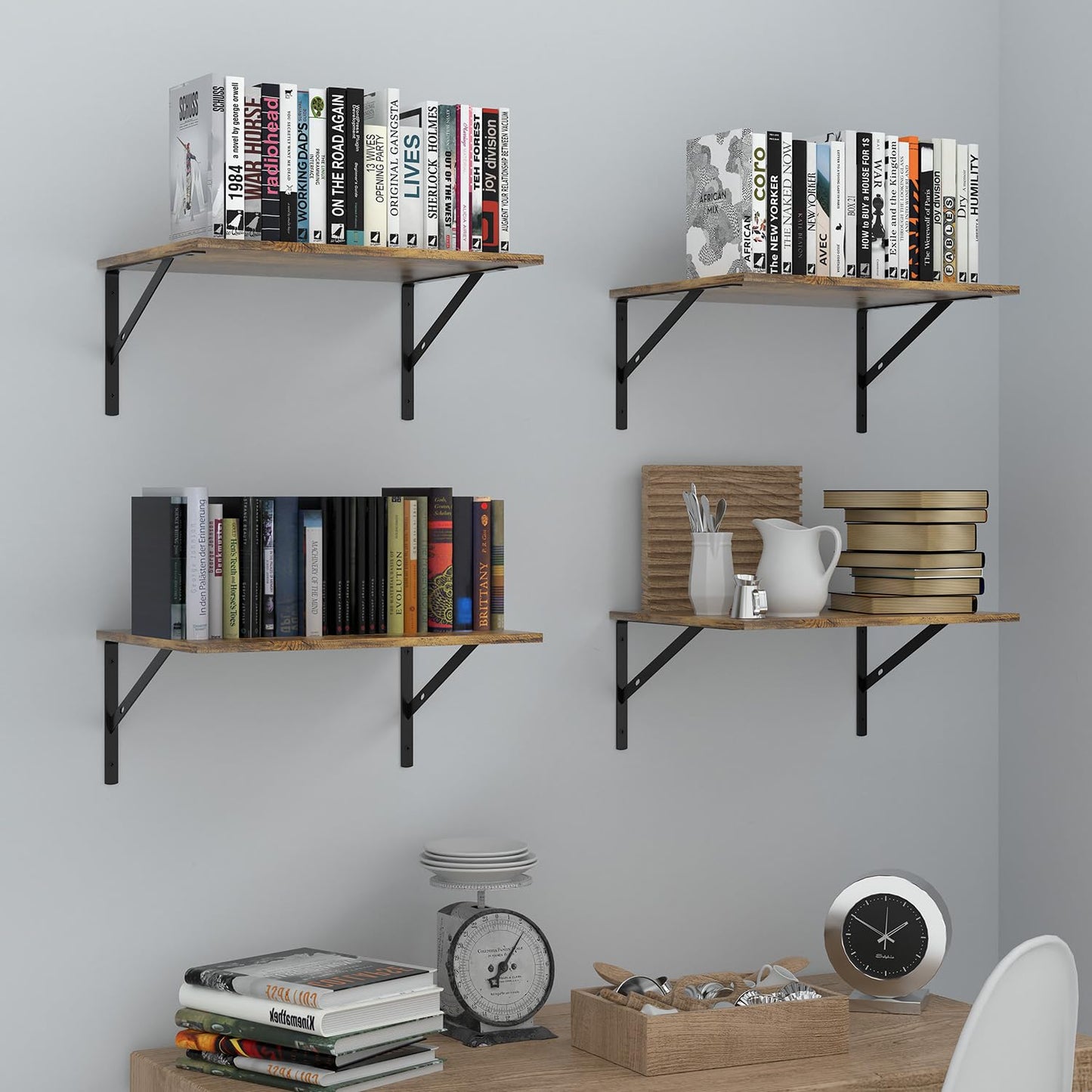 Dushikent Deep Floating Wall Shelves - 4 Sets of 12 Inch Wide Rustic Brown Wood Shelves for Bathroom, Bedroom, Kitchen, Living Room