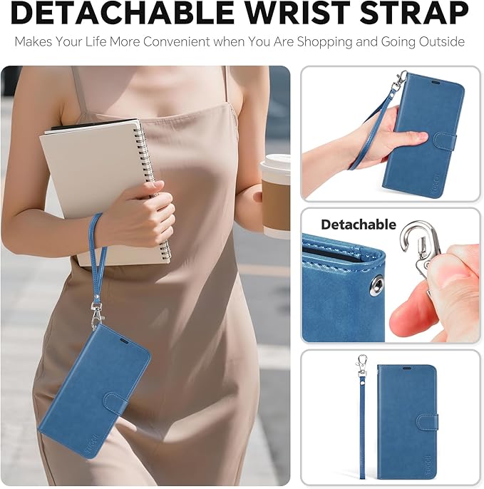 TUCCH Detachable Case Wallet for iPhone Air (6.5") 2025, Wrist Strap | 4 Card Slots RFID Blocking | Wireless Charging | Stand | 2-in-1 Magnetic | PU Leather | Shockproof Folio Cover | Light Blue