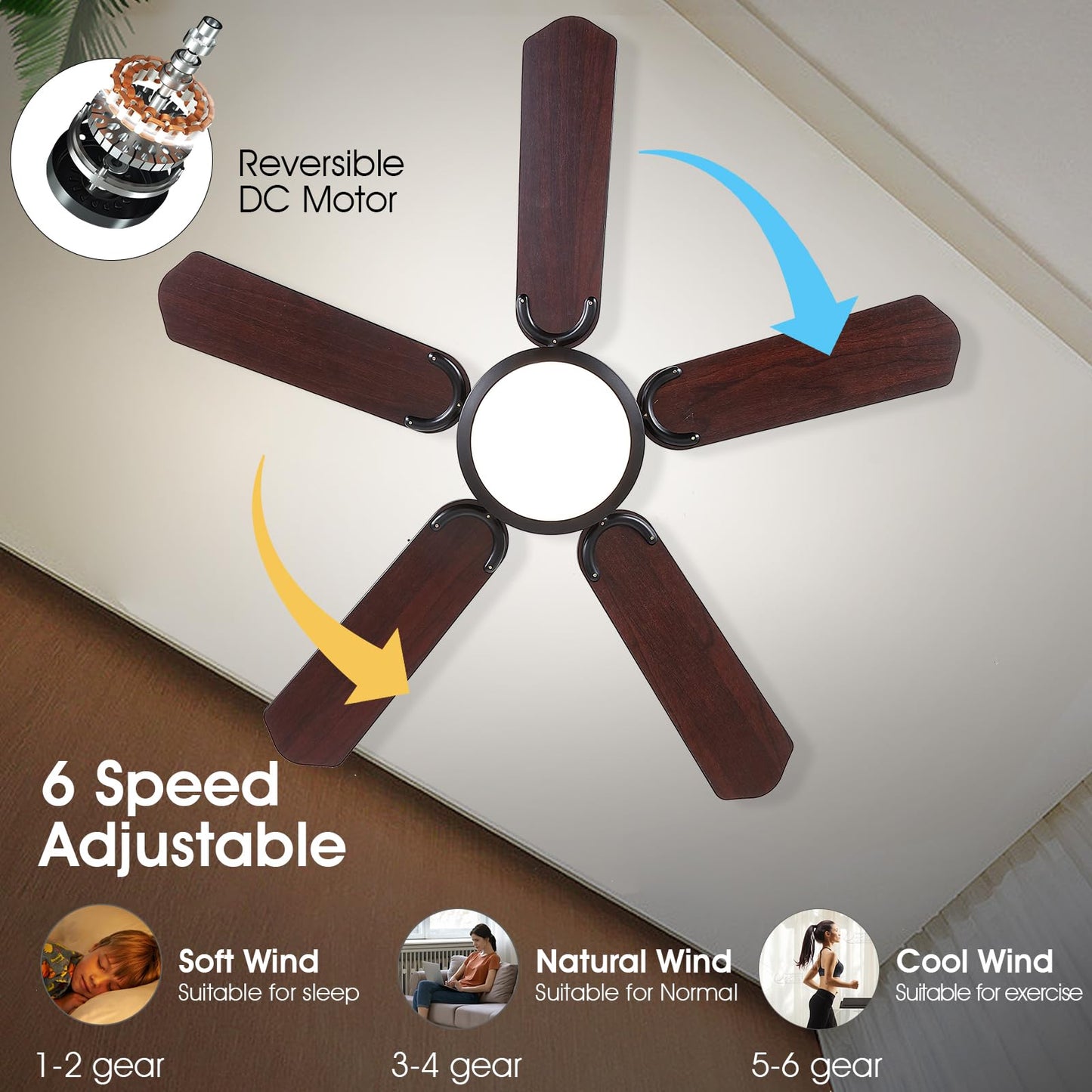 Surtime 44In Flush Mount Ceiling Fans with Lights and APP&Remote Control,Farmhouse Low Profile Ceiling Fan for Indoor/Outdoor,3CCT Dimmable,5 Reversible Double-Sided Blades（Black）