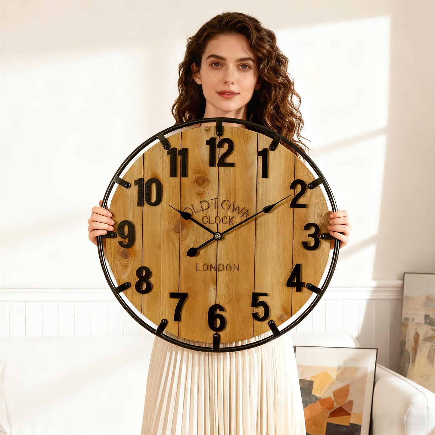 Vantic Farmhouse 24 Inch Extra Large Decorative Wall Clock with Metal Circle, Oversized Wood Wall Clock with Large Arabic Numeral for Living Room, Bedrooms and Offices, Silent and Battery Operated