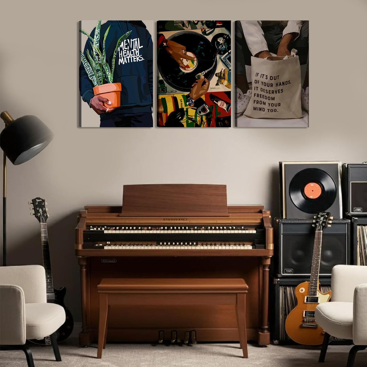 Patto Black Men Canvas Wall Art Set of 3 Fashion African American Black Man Prints Record Music DJ Painting Pictures Wall Decor Mental Health Artwork for Living Room Bedroom Decoration 12x16in