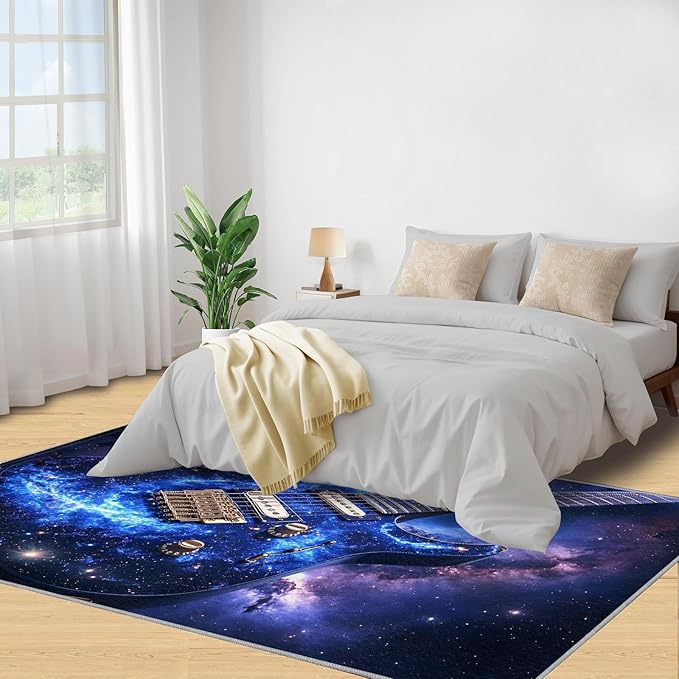 Guitar 4x5 Area Rugs for Living Room -Musical Instruments Washable Rug Starry Sky Non-Slip Carpet Indoor Floor Stain Resistant Thin Carpets for Bedroom Dining Room Home Office
