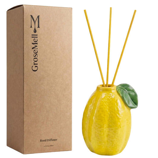GroseMell Lemon Scented Reed Diffuser Set – 6.76 fl oz (200ml) with Sticks, Creative Lemon-Shaped Ceramic Design for Home, Bedroom & Bathroom Decor, Long Lasting Aromatherapy Gift