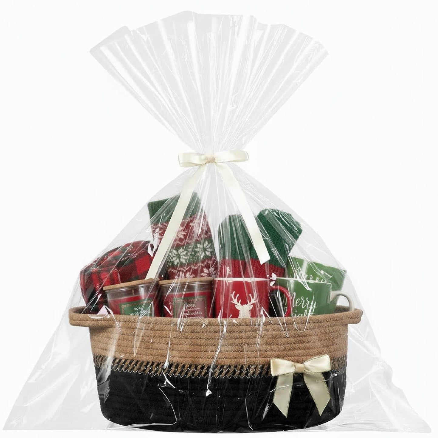 Colingmill 1 Set Woven Basket for Gift Empty with Cellophane Wrap Set 14 x 10 x 5.5 Inch, Medium Decorative Gift Basket Empty to Fill, Cotton Rope Storage Box Decor (Black Brown)
