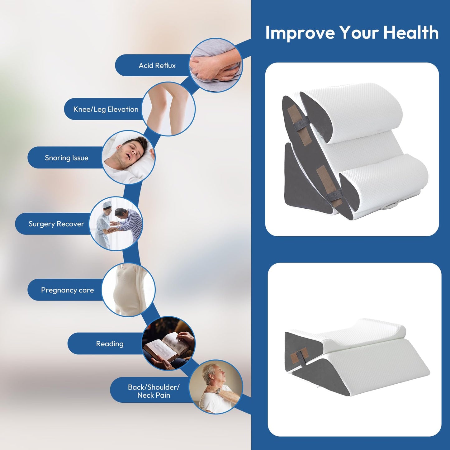 Ahpmeoa 6PCS Wedge Pillow Set for After Surgery, Bed Wedge Pillow Post Surgery, Bed Pillows for Sitting Up, Sleeping, Acid Relux, Memory Foam Back Pillow, Beds Wedges & Body Positioners, White/Grey