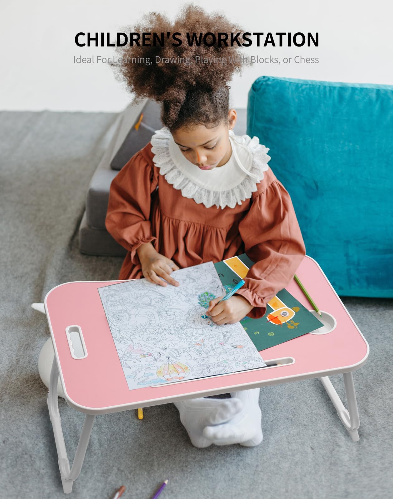 ZEAPTAC Laptop Bed Desk, Foldable Lap Desk, Portable Lap Table, Laptop Stand with Cup Holder, Tablet Slot & Lifting Handle for Work, Write, Draw & Eat on Bed, Sofa or Couch - Pink