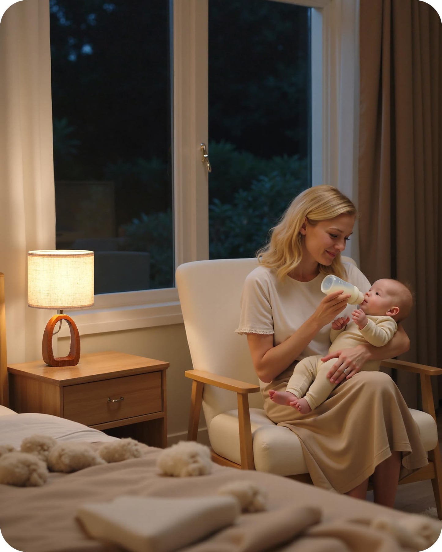 GOEBLESON Small Table Lamp, 14.2" Cute Little Desk Lamp, Wood Bedside Lamp with Linen Lampshade, Modern Nightstand Lamp for Bedroom, E26 Base, Bulb Not Included, Beige and Dark Natural LE07TL05