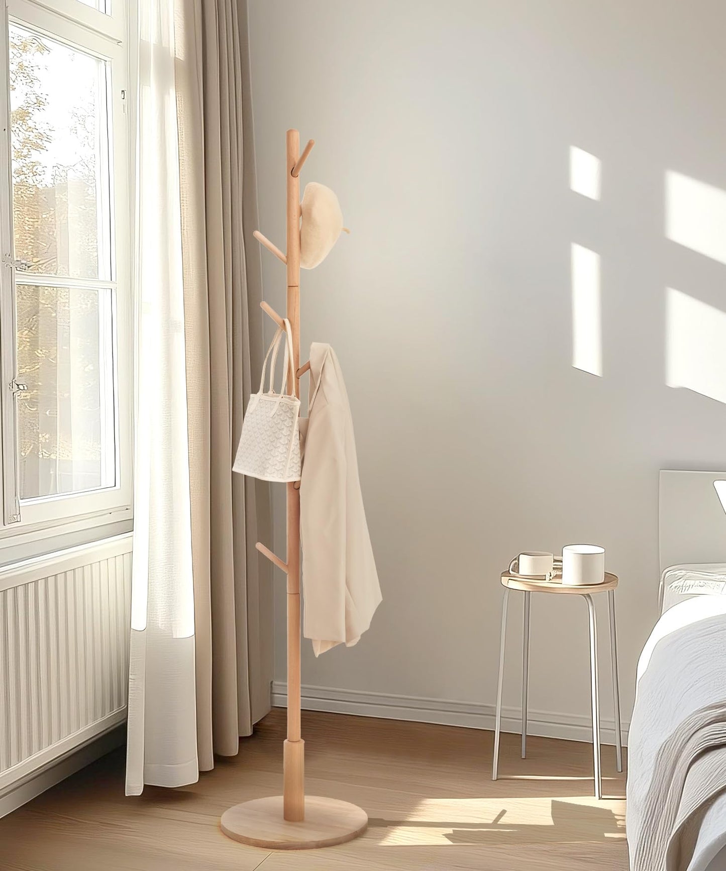 Cozivolife Standing Coat Rack,Wooden Coat Rack Stand with 9 Hooks and 3 Height Adjustable,Beech Wood Tree Coat for Bedroom,Office,Entryway (Bamboo)
