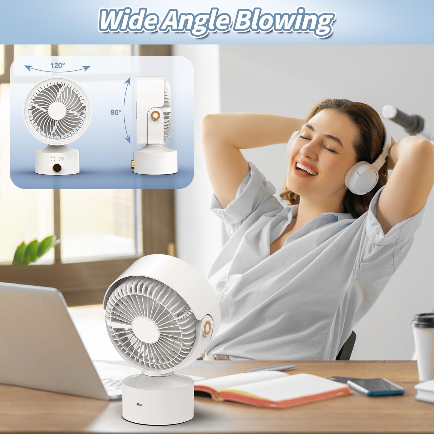 Yincook Desk Fan Small Oscillating for Bedroom, 9 Inch Quiet Desk Fan Air Circulator with 3 Speeds, 4H Timer, Rechargeable Desk Fan for Office/Dorm/Room-White