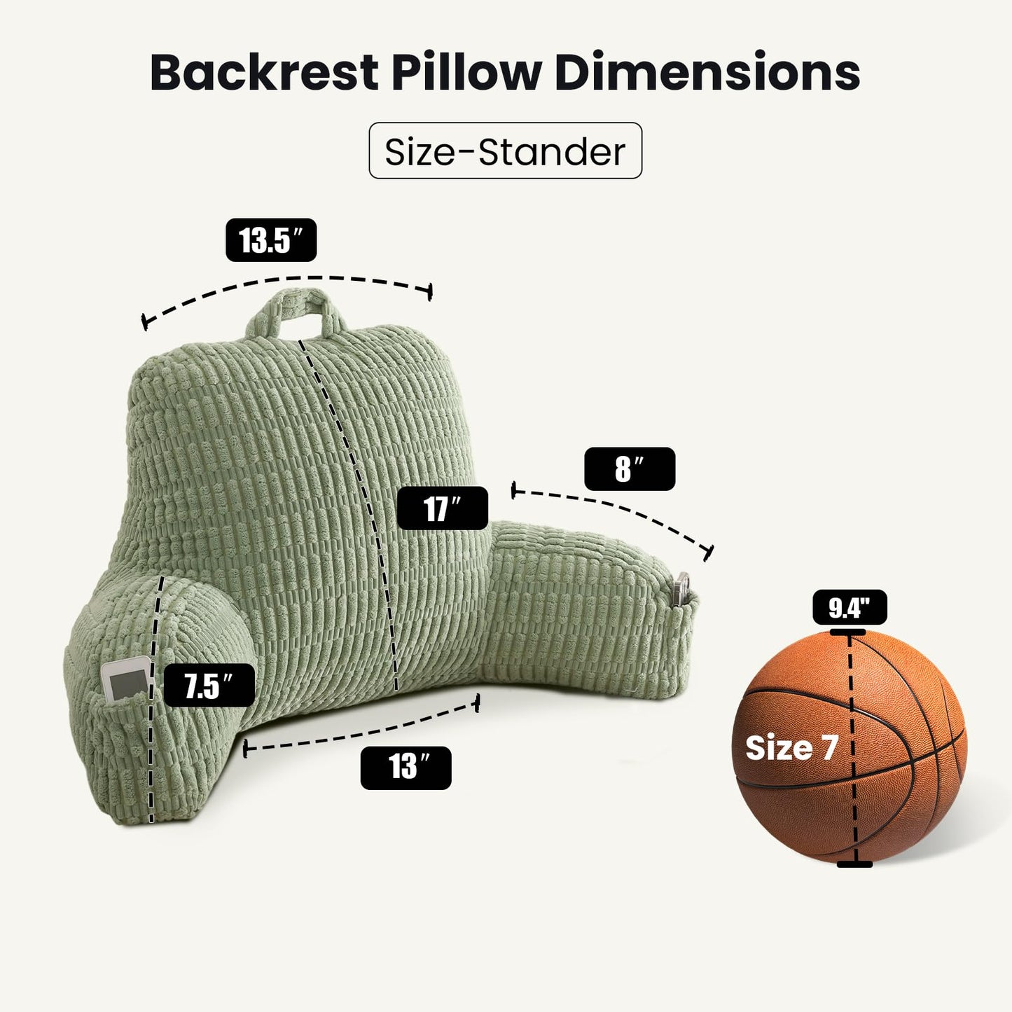 PAJEO Reading Pillow for Sitting in Bed with Arm Rests,100% 7D Fiber Filling Sitting Pillow for Back Support,Oeko-TEX Certified Backrest Pillow for Couch & Floor(17",Green Corduroy)