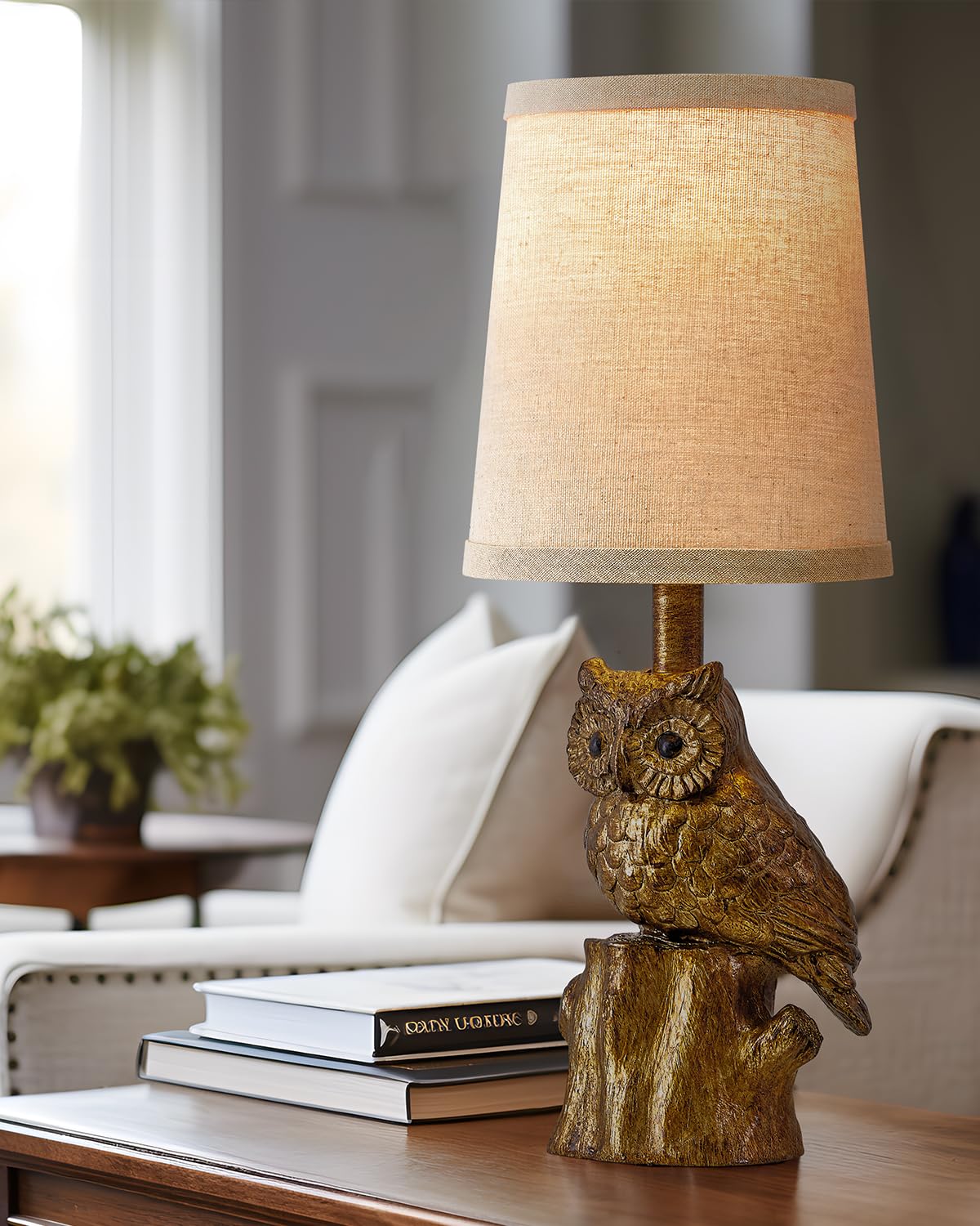 G-SAFAVA 14.25" Small Table Lamp for Living Room Farmhouse Bedside Resin Single Lamp with Gold Owl Lamp Shape for Bedroom Retro Rustic Nightstand Lamp