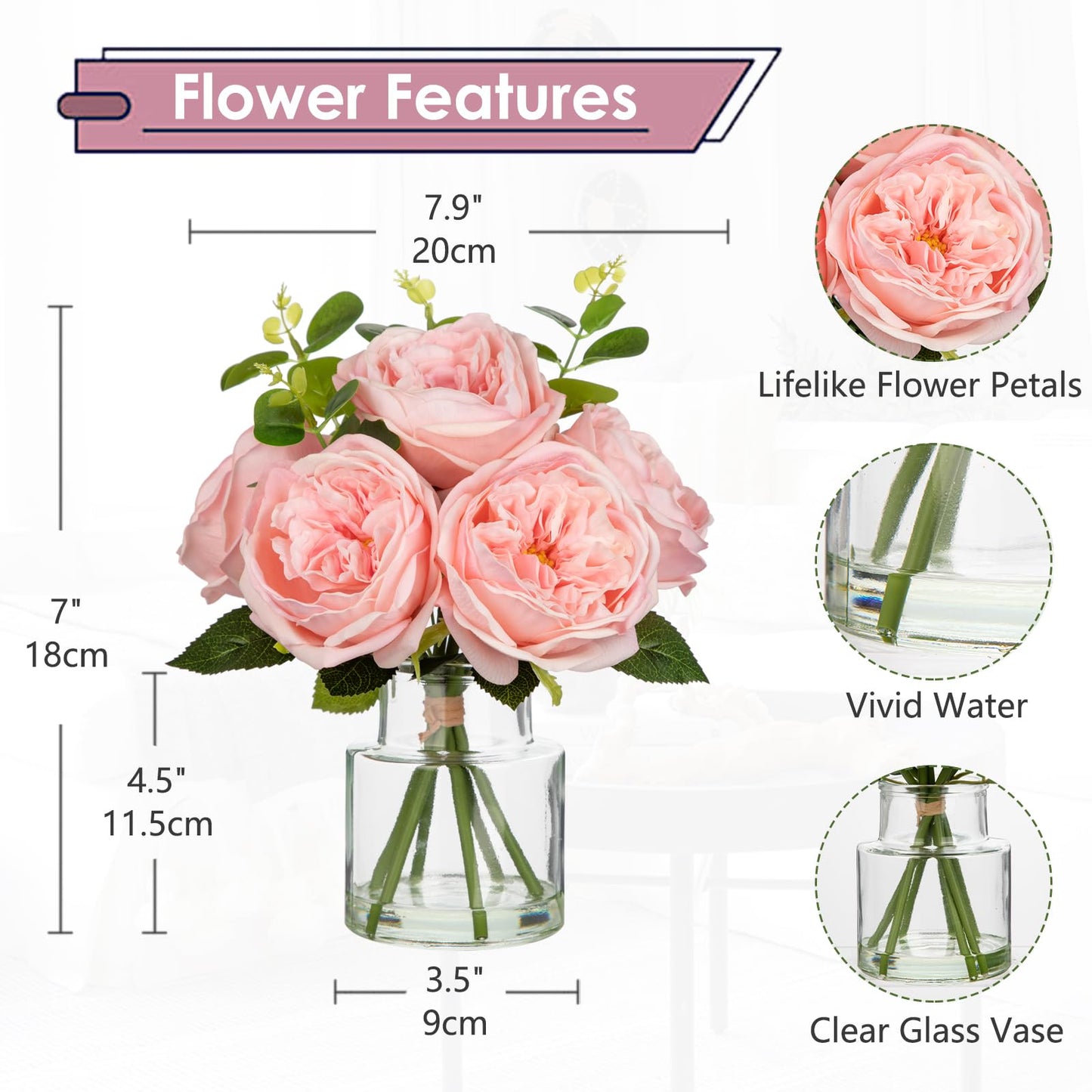 Hollyone Real Touch Peonies Artificial Flowers Arrangements in Vase Pink Fake Peonies with Glass Vase Silk David Austin Roses Faux Flowers with Faux Water Bouquet Table Floral Centerpiece Home Decor