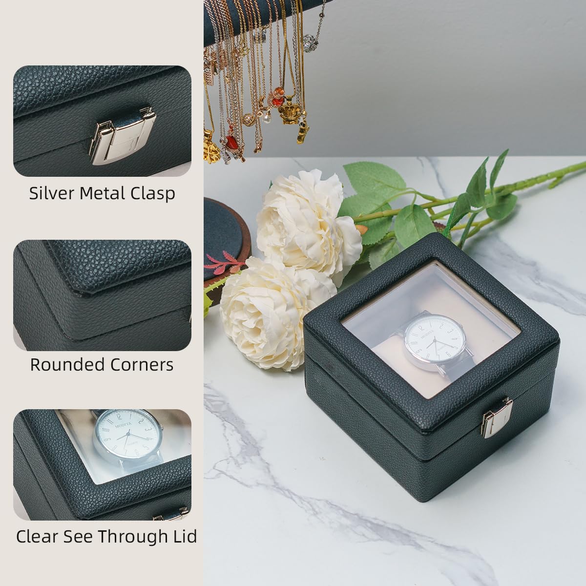 SORNDIF Watch Box, 1 Slot Watch Display Case for Men & Women, Removable Pillows, Clear See Through Lid, Watch Storage Watch Holder Organizer, Beige Soft Velvet Lining, Leather Surface (Black)