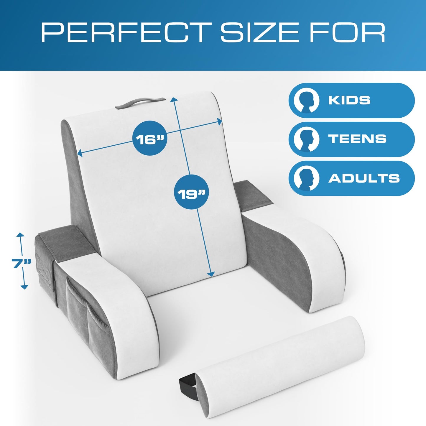 Kölbs Wedge Reading Cushion, Back Pillow for Bed Sitting Up, Cushion with Arms for TV Book Gaming Dorm Rooms, Backrest (Grey/White, Standard)