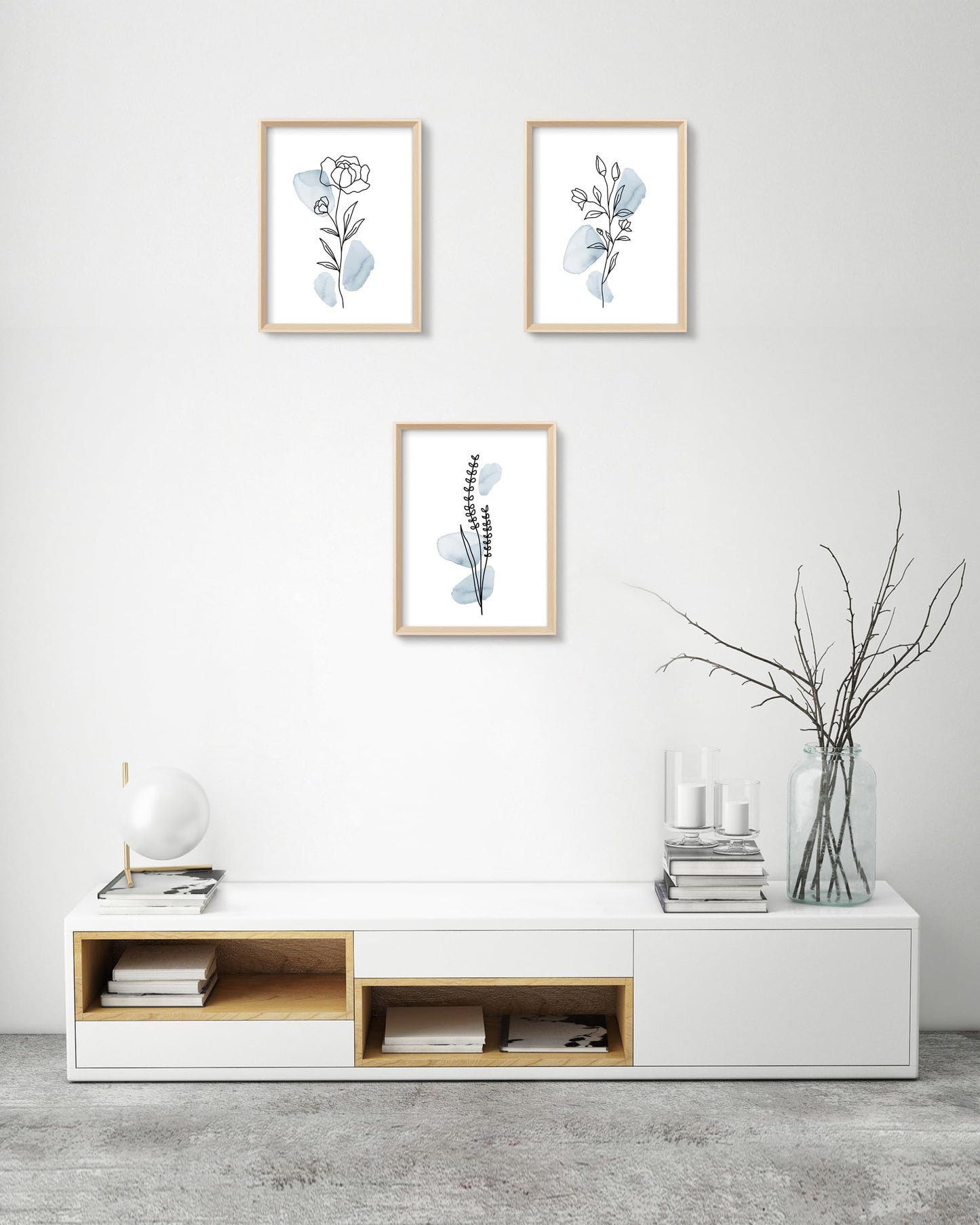 HesenDot Framed Blue Floral Canvas Wall Art,Minimalist Botanical Wall Art Decor,12x16IN Wood High Framed Prints,Boho Flowers Artworks Prints Posters for Living Room,Kitchen,Bedroom Set of 3
