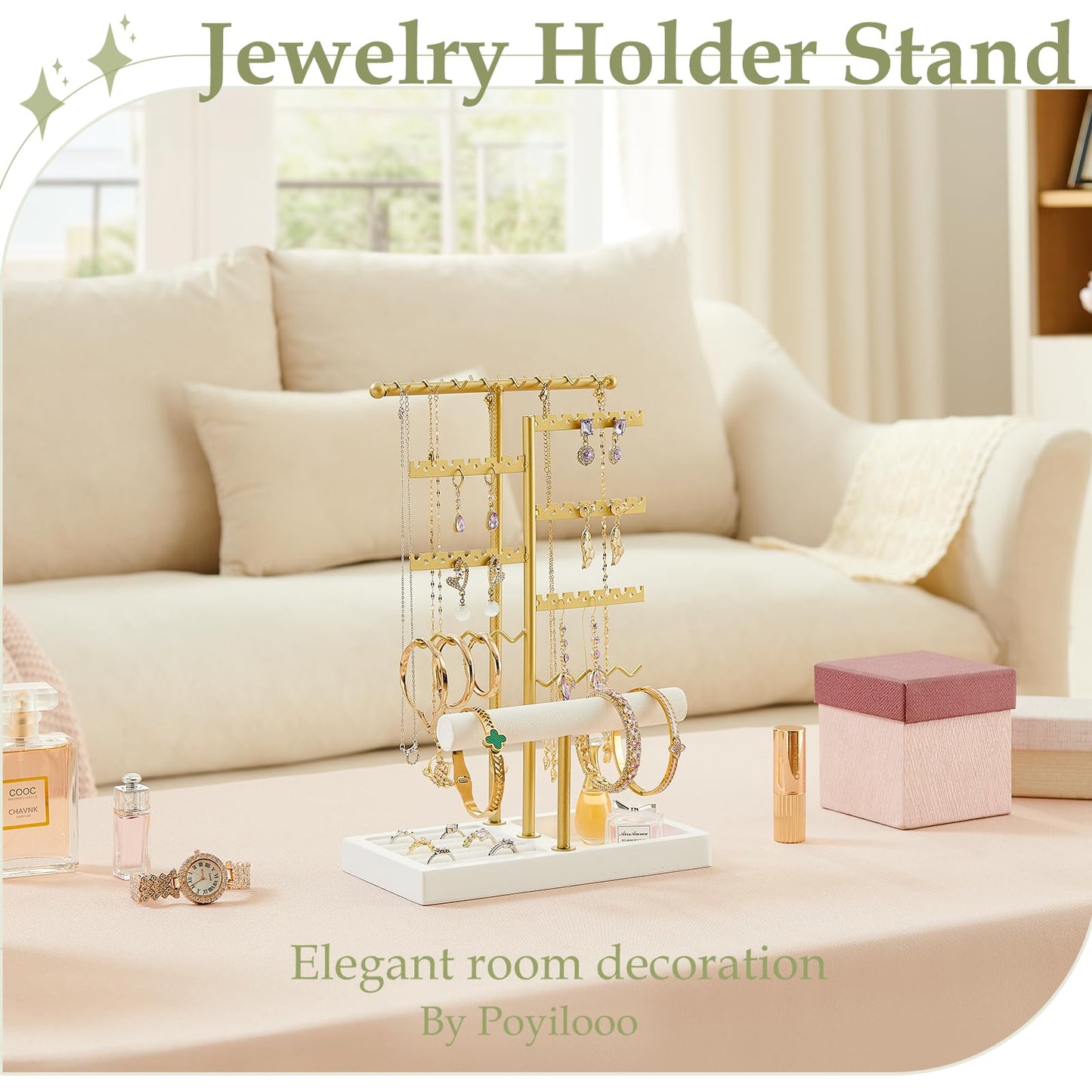 Poyilooo Earring Holder Jewelry Stand, 3 Tier Jewelry Organizer with Ring Holder Tray for Necklace Earring Keychains Bracelet Rings Display Jewelry Tree Stand (Whitegold)