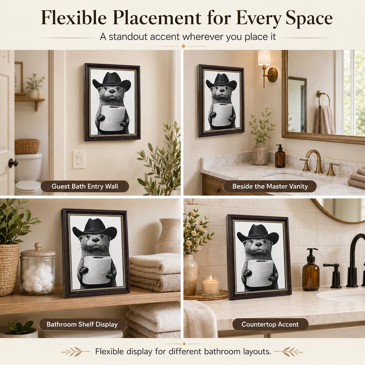 RVETNGVM Funny Otter Bathroom Wall Art - Cowboy Otter with Toilet Paper Print, Black and White Whimsical Animal Art for Guest Bathroom, Otter Lover Gift, Humorous Bathroom Decor 9x11 Inch