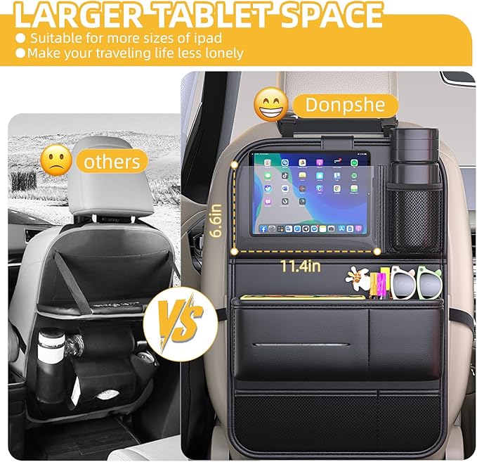 Donpeshe 2pcs Leather Foldable Backseat Organizer with Tray for Cars - Portable Kids Car Tray Table, Travel Food Desk & Waterproof Storage