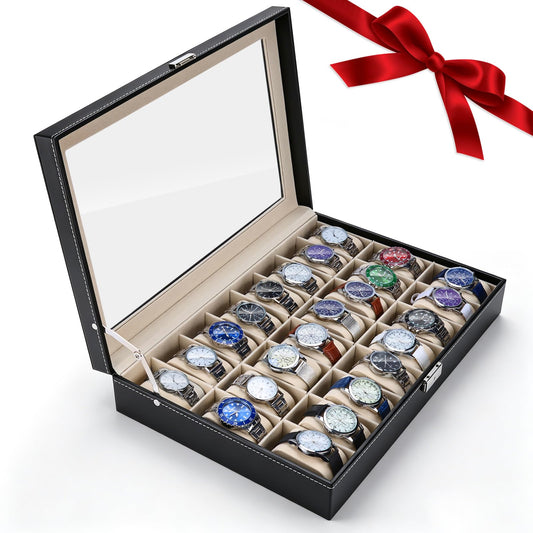 Artilife 24 Slot Watch Box for Men, Watch Cases for Men, Watch Display Case, Glass Top PU Leather Watch Storage Organizer with Removable Pillows for Him