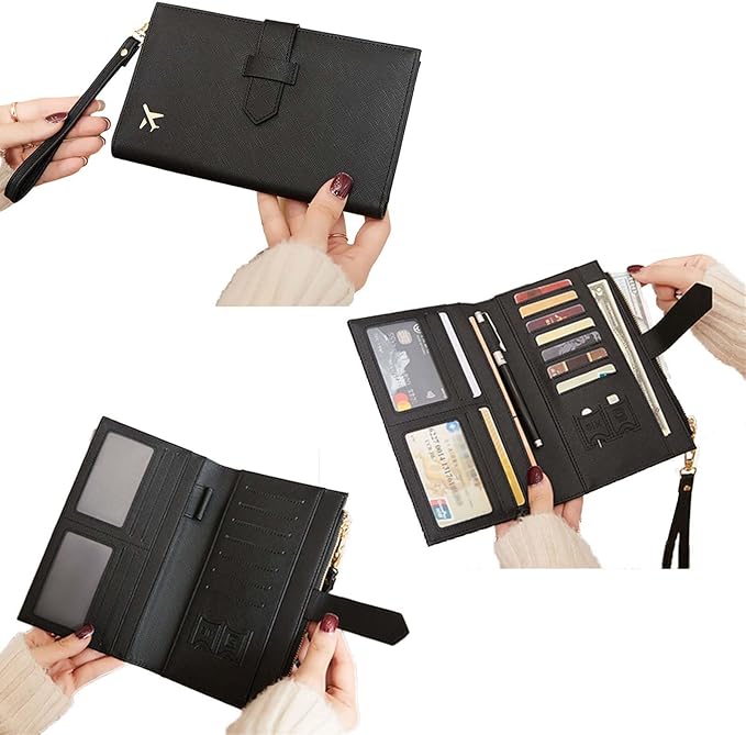 Waterproof Family Passport Organizer with RFID Blocking Genuine Leather Document Holder Card Slots Travel Wallet for Women Men Black (Black)