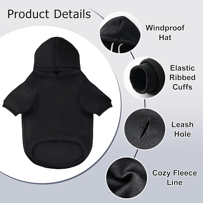 BAOBICUTE Dog Basic Hoodie Soft Dog Clothes Cold Weather Sweaters for Medium Large Dogs Cozy Fabric Warm Sweatshirt with Leash Hole (Black, S (Back: 12.6",Chest:18.11", Neck: 13.78"))
