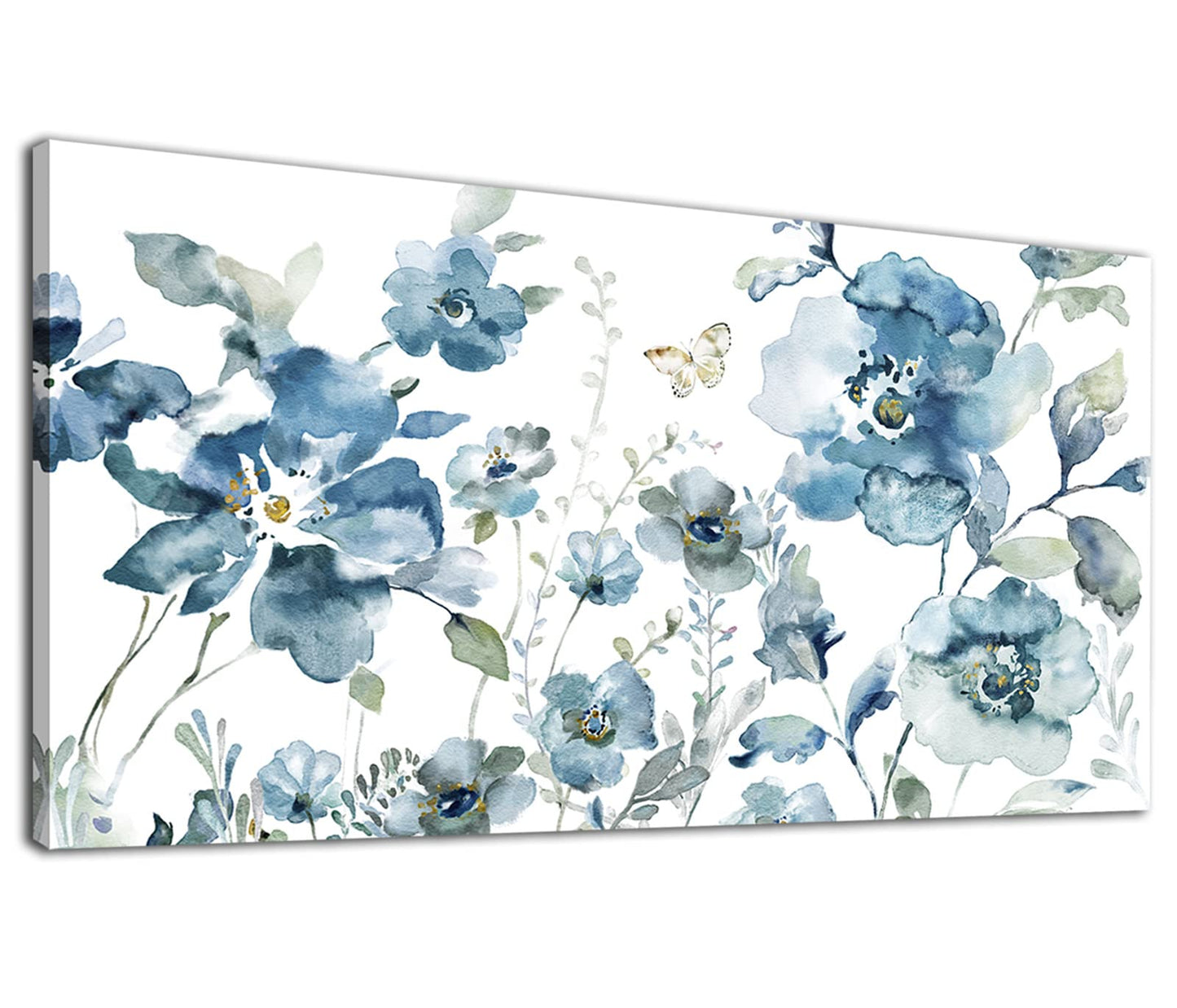 Flower Canvas Wall Art Blue Floral Canvas Painting Pictures for Gallery Wall Decor Butterfly Flies in Indigo Flowers Canvas Prints Artwork for Living Room Bedroom Home Wall Decorations 40" X 20"