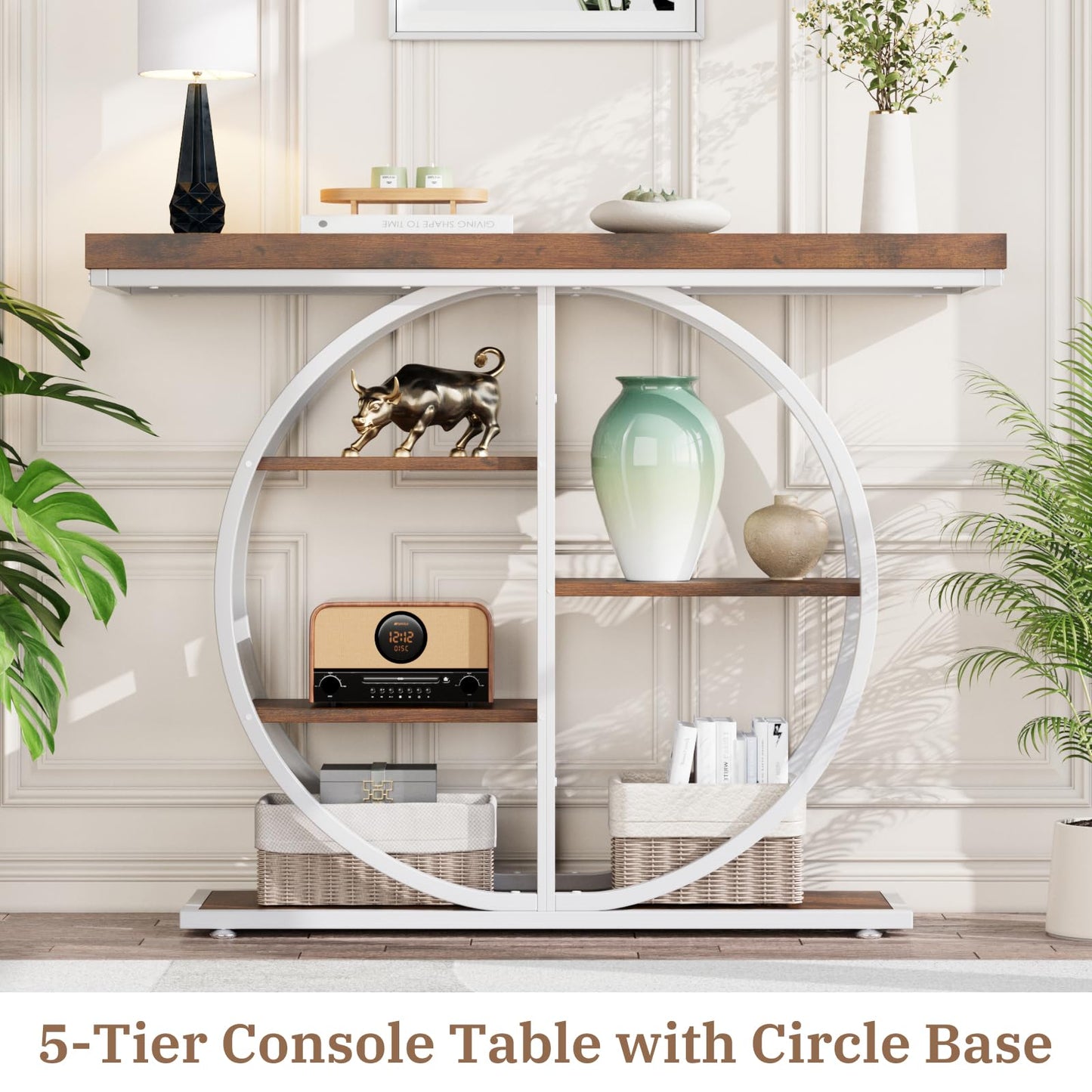 LIFECHOVY 41.3" Console Table for Entryway, Industrial Hallway Sofa Table with Storage Shelves, Narrow Accent Decor Living Room Furniture with Circle Base for Foyer, Entrance, Brown White