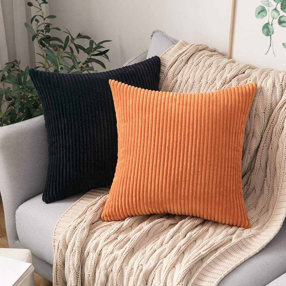 MIULEE Decorative Corduroy Pillow Covers Soft Solid Pack of 2 Cushion Cases Boho Square Throw Pillow Covers Black Modern Pillowcases for Couch Chair Sofa Bed Living Room Home Decor 18 x 18 Inch