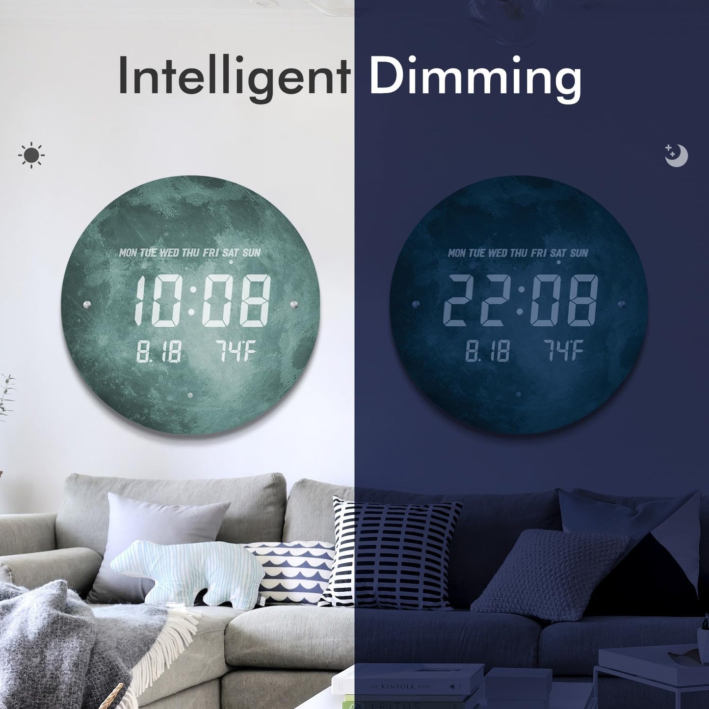SCOAGE Digital Moon Wall Clock with Temperature/Time/Date, 12'' Modern Led Wall Clock Battery Operated, Smart Dimming, Large Display Decorative for Bedroom/Office/Kitchen