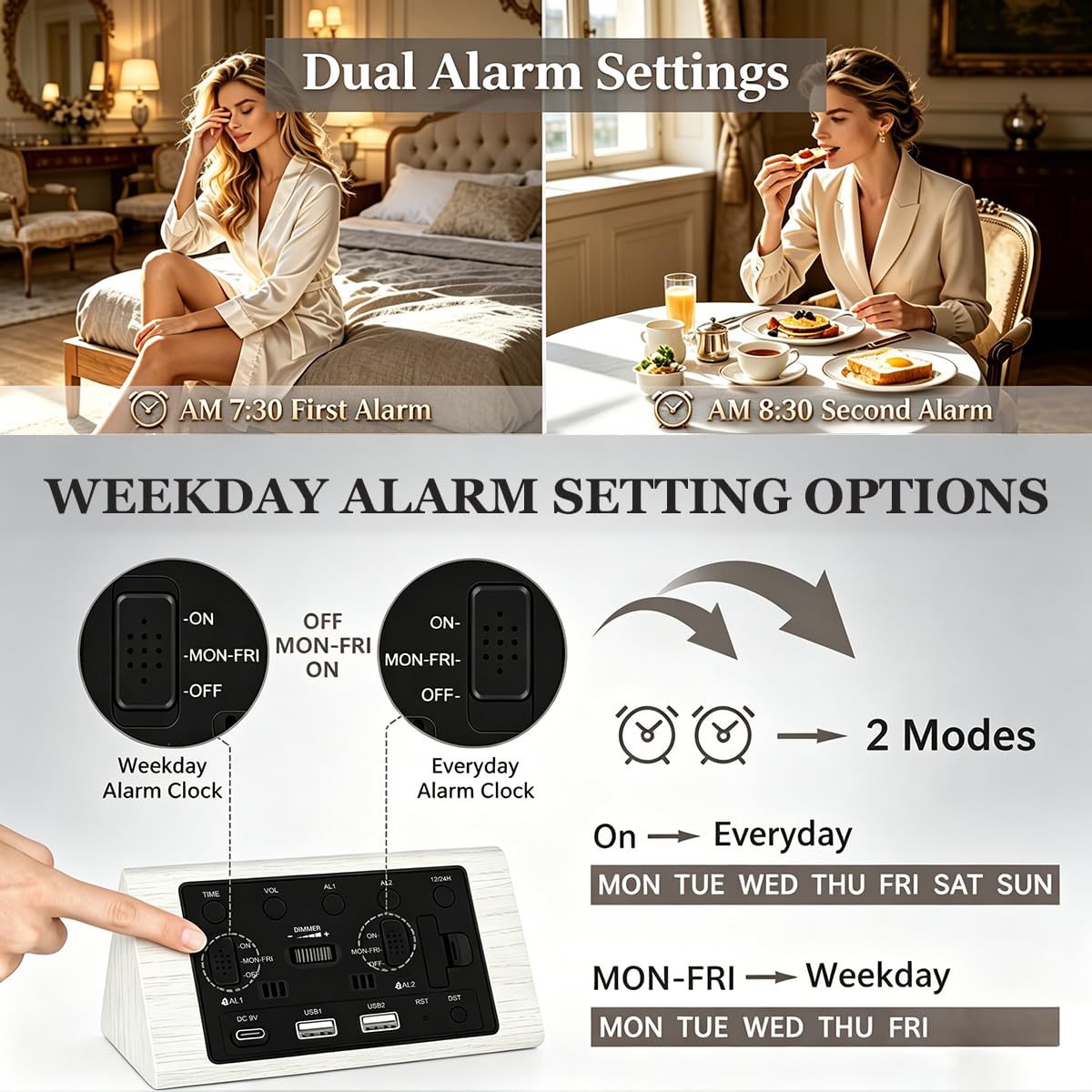 Kogonee Wooden Digital Alarm Clock, 0-100% Dimmer, 2 Alarm Settings, Weekday/Everyday Mode, 9 Mins Snooze, 12/24H, Temperature and Date Display for Office, Travel, Bedroom Alarm Clock (White)
