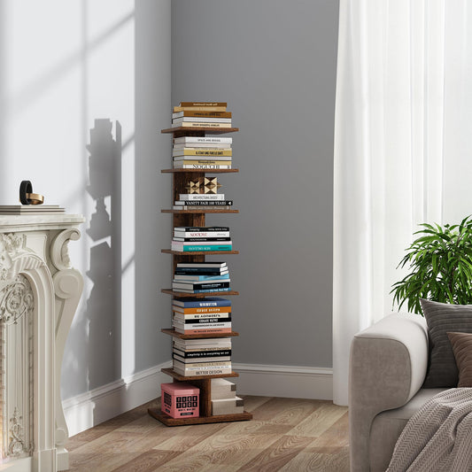TUTOTAK Narrow Bookshelf, 8-Tier Bookcase, Spine Book Shelf for Small Space, Corner Standing Shelf for Living Room, Office, Study, Entryway, Rustic Brown BS06BB008