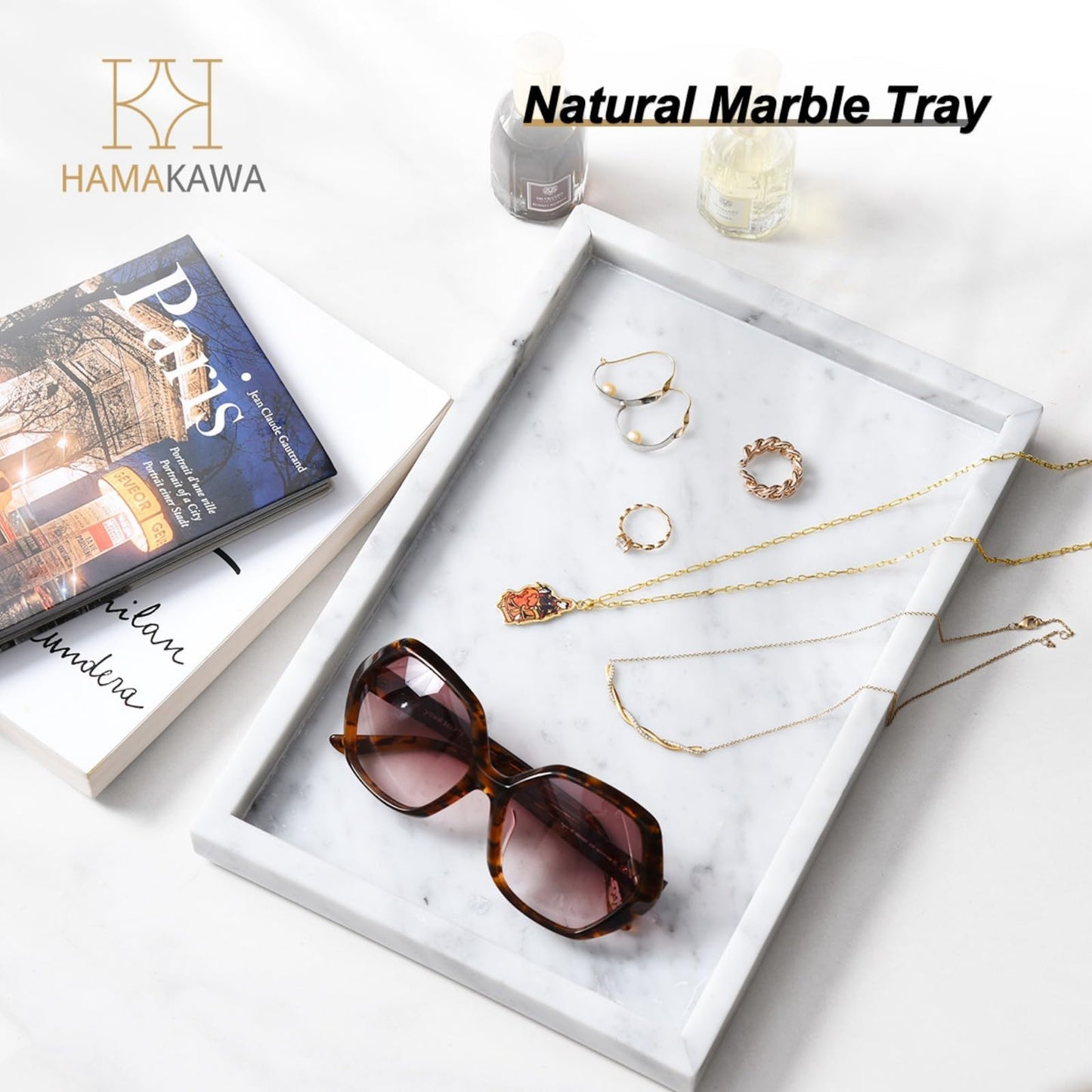 HAMAKAWA White Marble Vanity Tray, Real Natural Bathroom Tray 12 inch, Carrara White Stone Sink Trays, Large Perfume Trays, Countertop Organizer for Kitchen Counter, Dresser, Toilet Tank Top