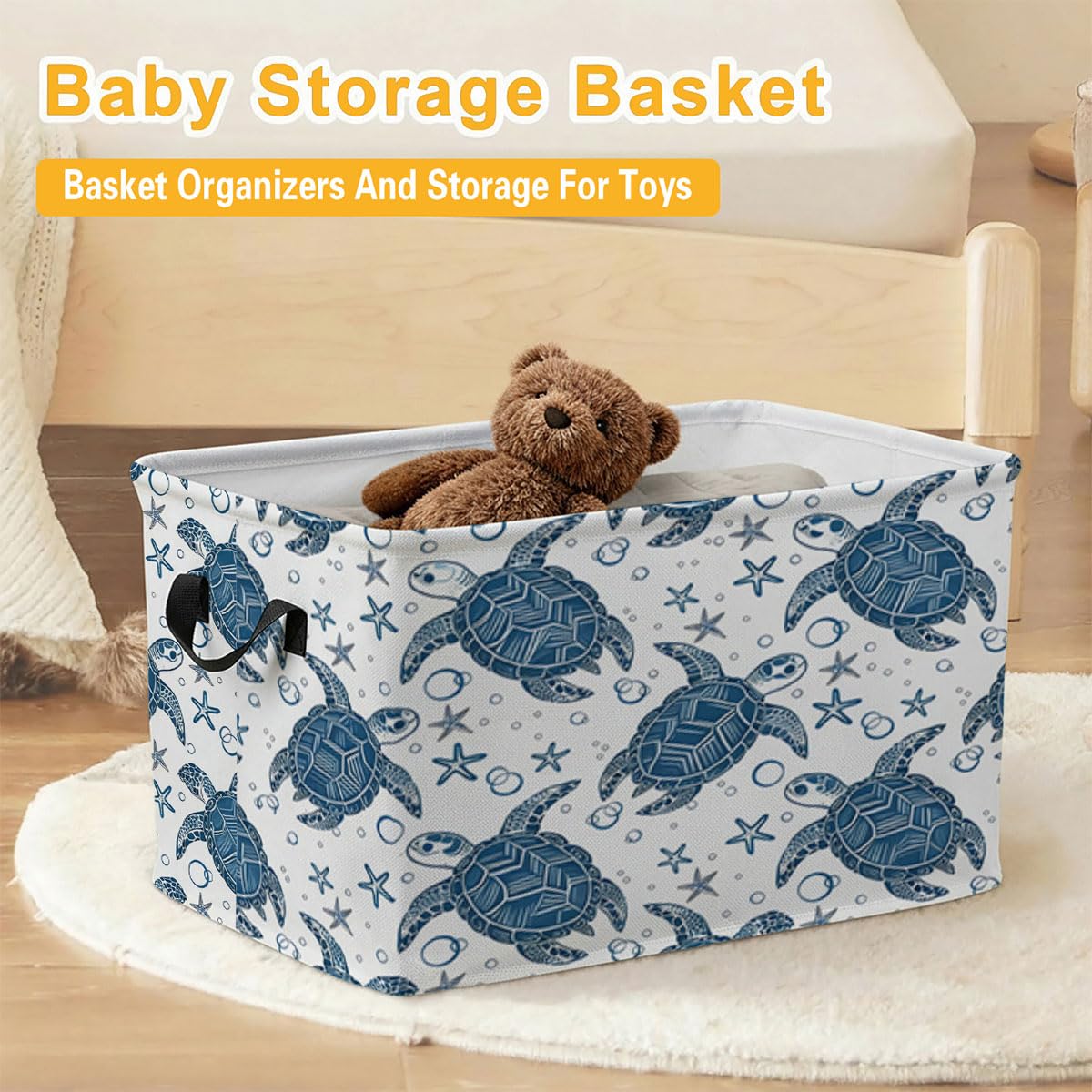 56L Sea Turtle Foldable Square Laundry Hamper with Handles – Large Clothes, Blanket & Toy Storage Basket for Home Organization.