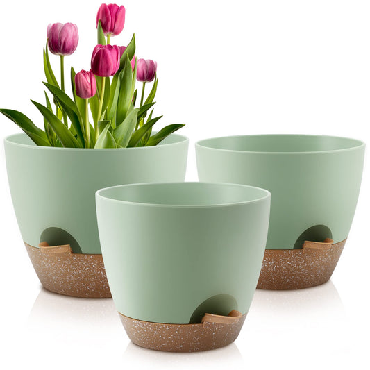 QRRICA Plant Pots 10/9/8 Inch Self Watering Pots, Set of 3 Plastic Planters with Drainage Holes and Saucers,Plastic Flower Pots,Nursery Planting Pot for Indoor Out Door Plants（Green）