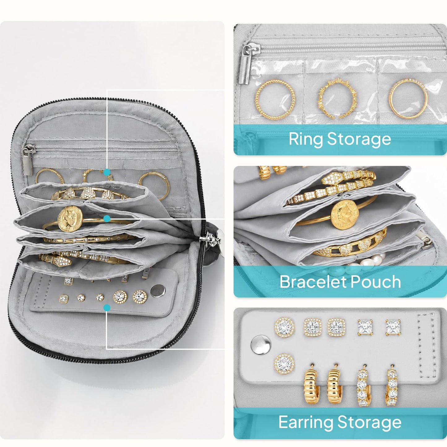 TOPEAST Quilted Travel Jewelry Case for Women, Puffer Jewelry Organizer with Zipper, Portable Small Jewelry Pounch Storage Bag for Rings Earrings Necklaces, Travel Essentials Gift for Women, Black