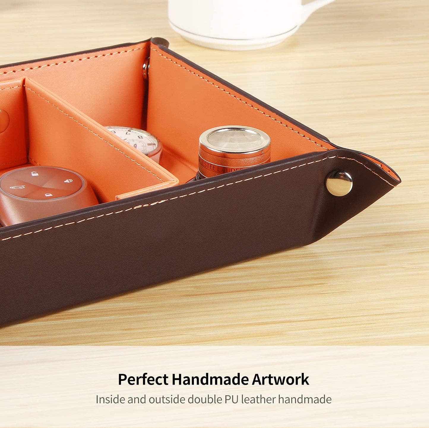Valet Tray for Men Leather Big Entryway Key Dish Bedside Catchall Bowl 2 Dividers Travel Nightstand Organizer Caddy for Wallet Coins Dice Watch Candy, Sundries Holder for Beside Table (Orange)