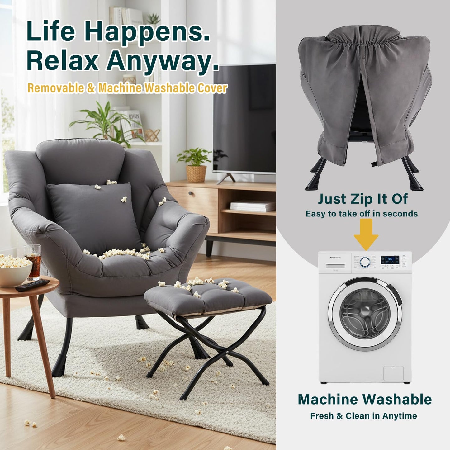 HomEastlly Lazy Chair with Ottoman, Large Accent Chair with Ottoman and a Throw Pillow, Dark Grey Reading Chair for Living Room Bedroom Dorm Room Office Apartment Relaxing Use
