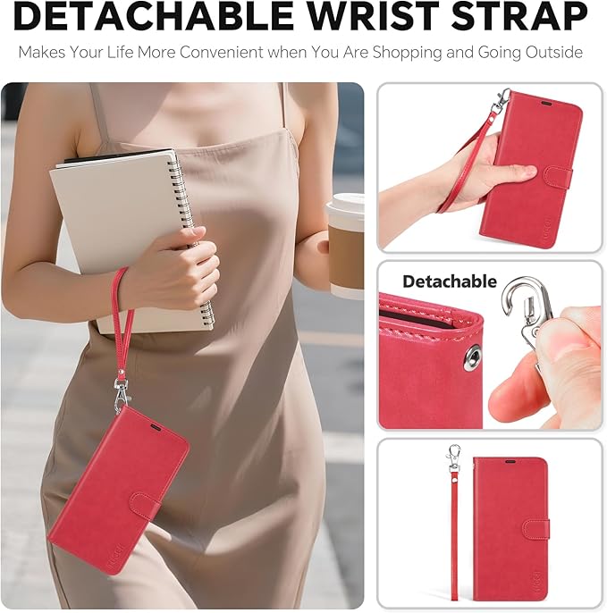 TUCCH Compatible with iPhone 17 Pro (6.3") Detachable Wallet Case with 4 Card Holder, Wireless Charging PU Leather Flip Folio with RFID Blocking Stand Wrist Strap Shockproof Phone Cover 2025, Red