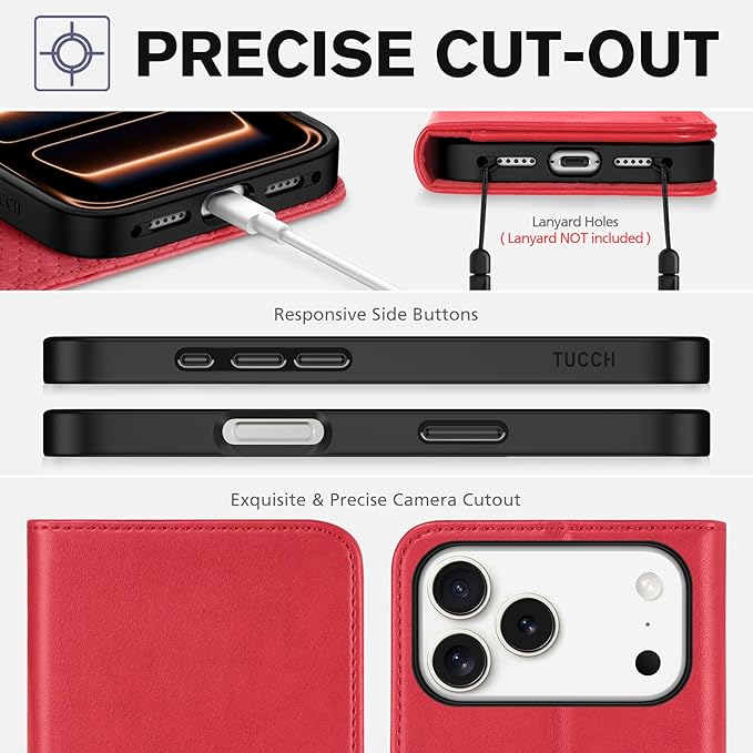 TUCCH Case Wallet for iPhone 17 Pro Max (6.9") 2025, RFID Blocking, 3 Card Holders, Kickstand, PU Leather, Protective Flip Folio Cover, TPU Shockproof Interior Shell, Bright Red