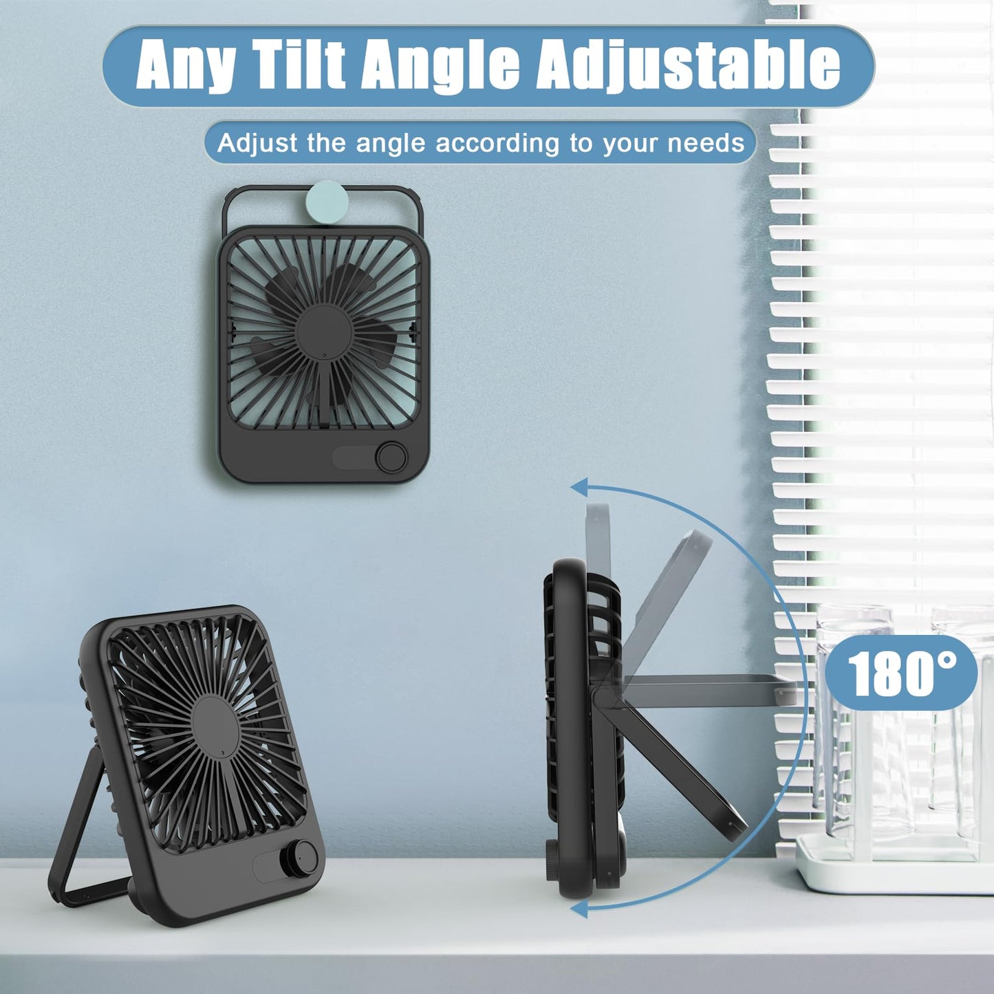 Cooperwin Small Desk Fan, 100 Speeds Personal Fan Portable Rechargeable with Battery Powered, 180°Tilt Adjustable Quiet Bedroom Fan, Home Beach Camping Travel Office Desk Accessories, Black