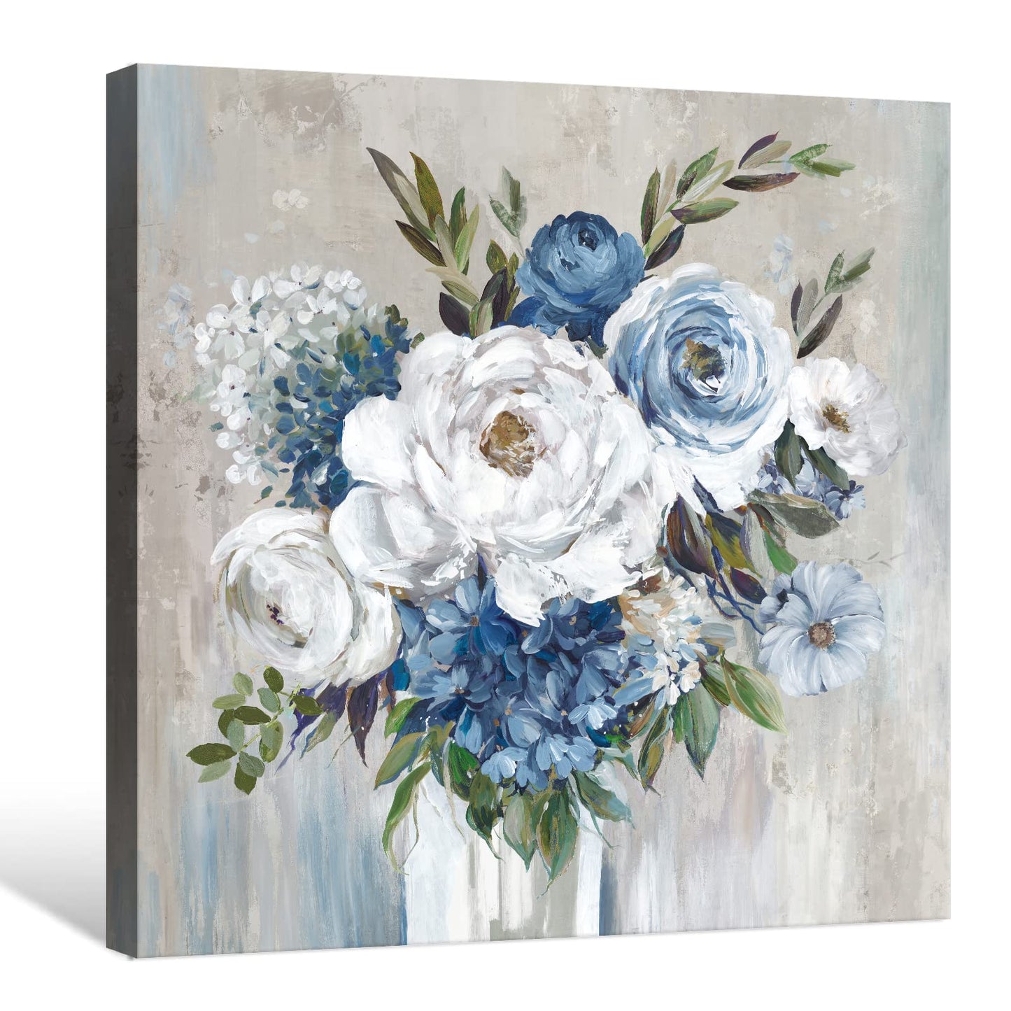 Goldfoilart Blue Flower Wall Art for Living Room White Floral Canvas Pictures Modern Paintings Framed Artwork for Bedroom Bathroom Dining Room Office Wall Decor 24" x 24"