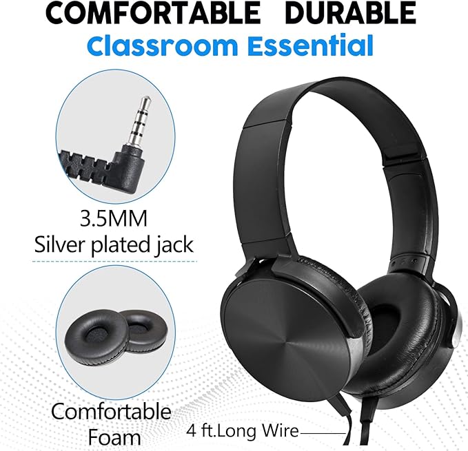 Classroom Headphones Bulk 10 Pack,Students On Ear Headsets,Comfy Swivel Earphones for Computer,School,Library,Airplane,for Online Learning and Travel,Premium Stereo Sound 3.5mm Jack (Black)