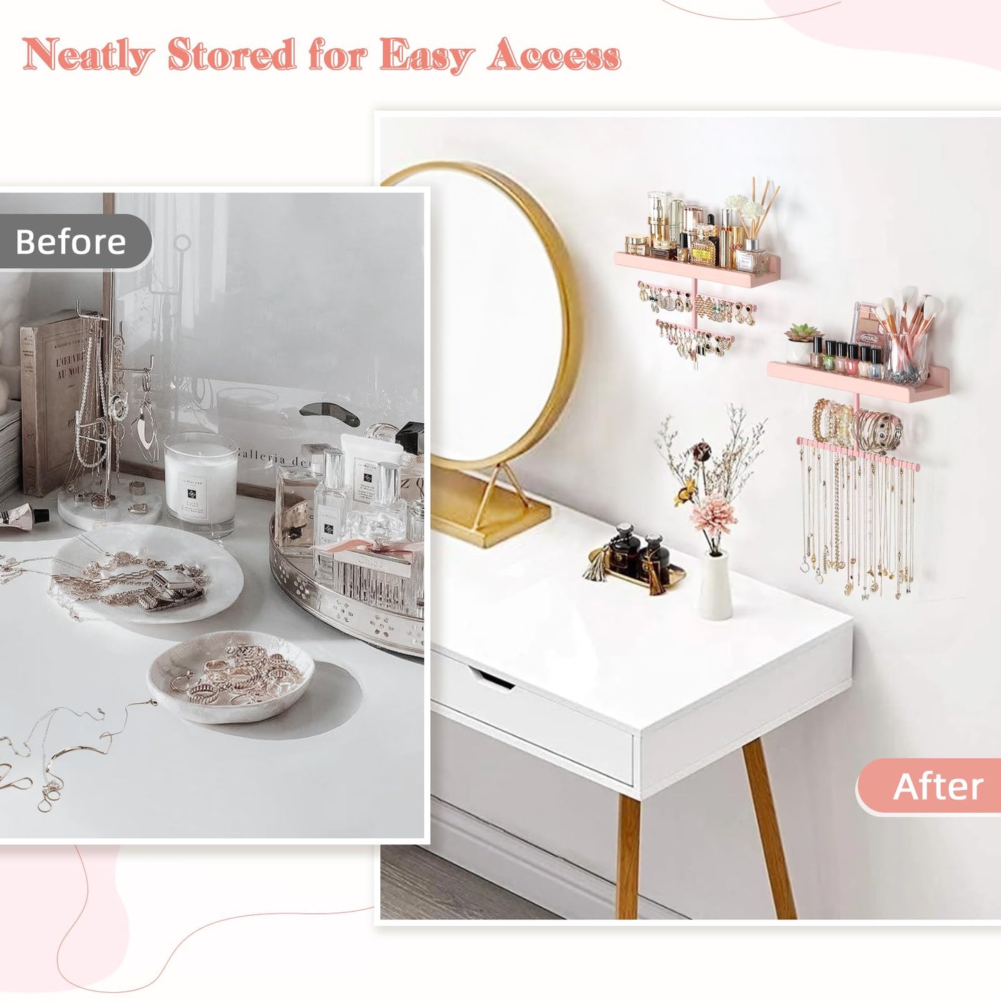Keebofly Jewelry Organizer Wall Mounted Hanging with Wooden Shelf for Kids, Girls, Teens, Jewelry Holder Storage Display for Earring, Necklace, Bracelet, Bow, Pink, (Patented)