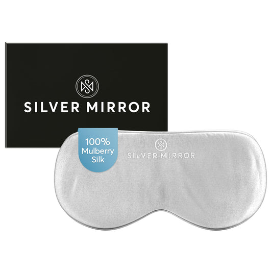 Sleep Mask in Silver, 100% Silk, Pure Mulberry Silk, Light Blocking Eye Mask with Elastic Strap for Sleep & Travel, Ultra Soft, No Pressure, Reduce Puffy Eyes, Machine Washable, By Silver Mirror