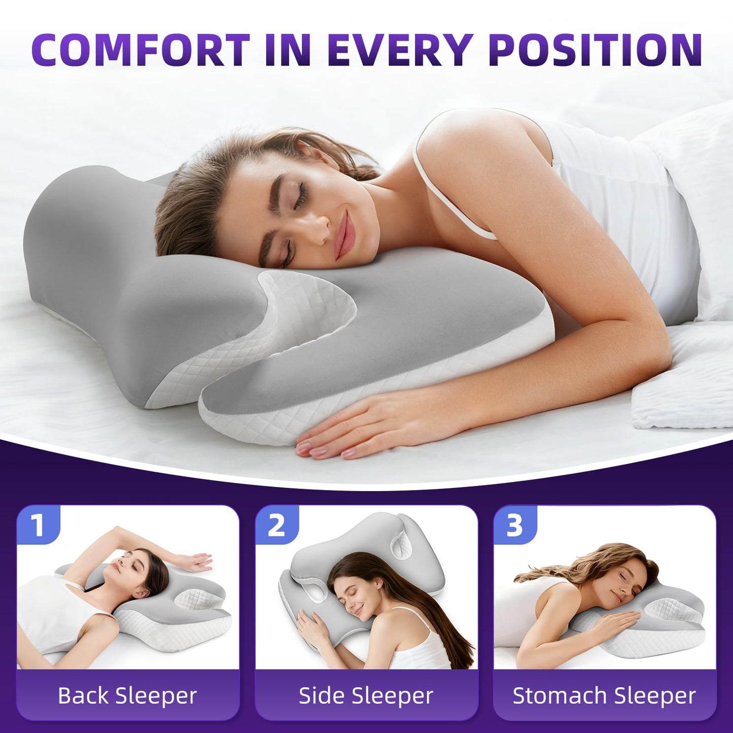 Ergo Cervical Pillow for Neck and Shoulder Pain Relief,Cooling Orthopedic Contour Memory Foam Pillows,Side Sleeper Pillows for Neck Support,King Size Bed Pillows for Back Stomach Sleepers(Ash Grey)
